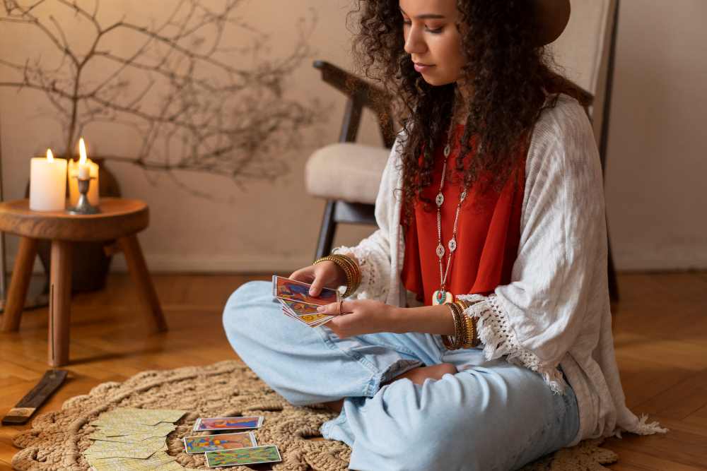 Žena, která čte z tarotových karet a prochází tak meditací 